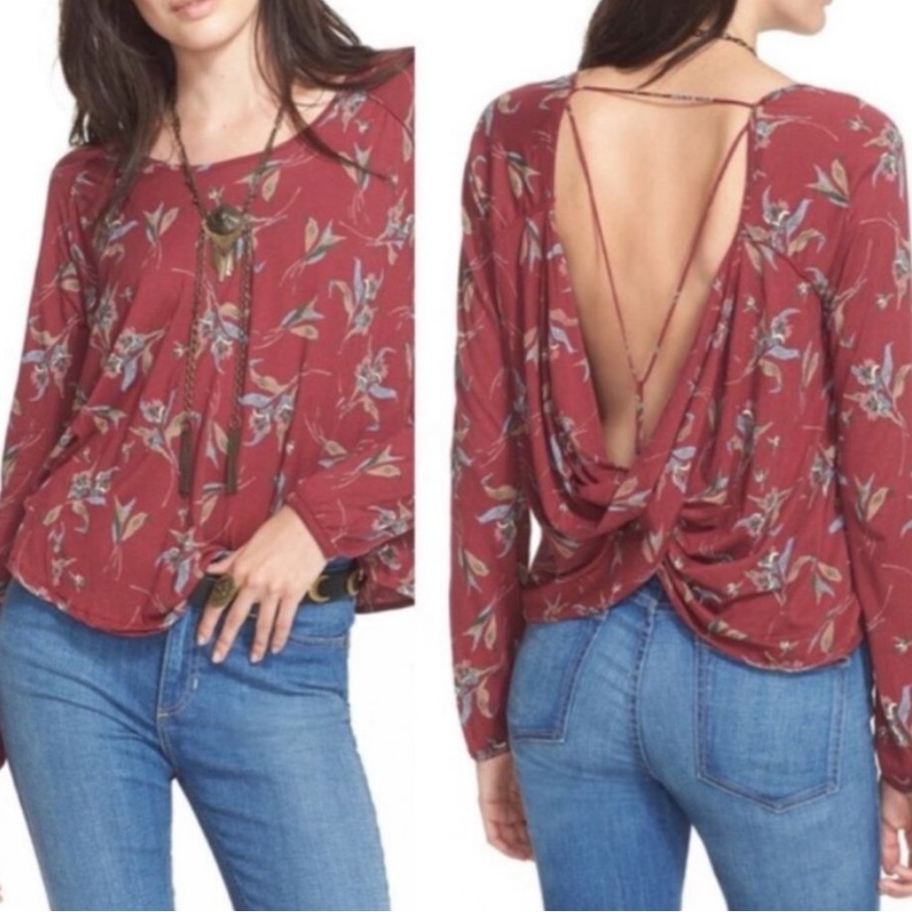 Free People Elsa Open Back Long Sleeve Boho Blouse Size Medium